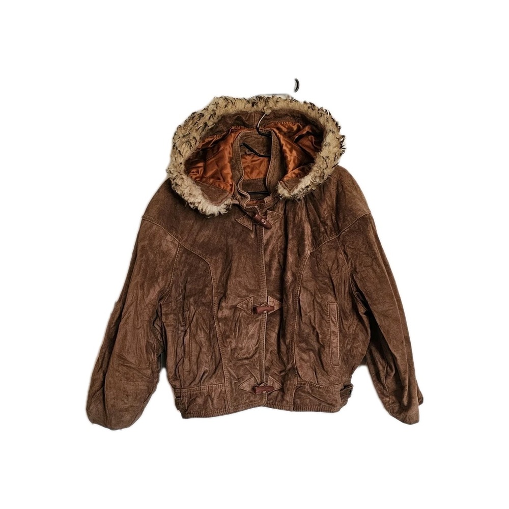 Womans Mcm Vintage Suede Jacket  Toggle Snap Close‎ Hooded Fur Trim Medium Tan